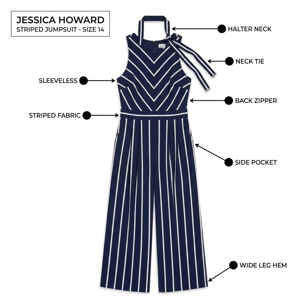 Jessica Howard Navy Blue And White Striped Jumpsuit Size 14 3
