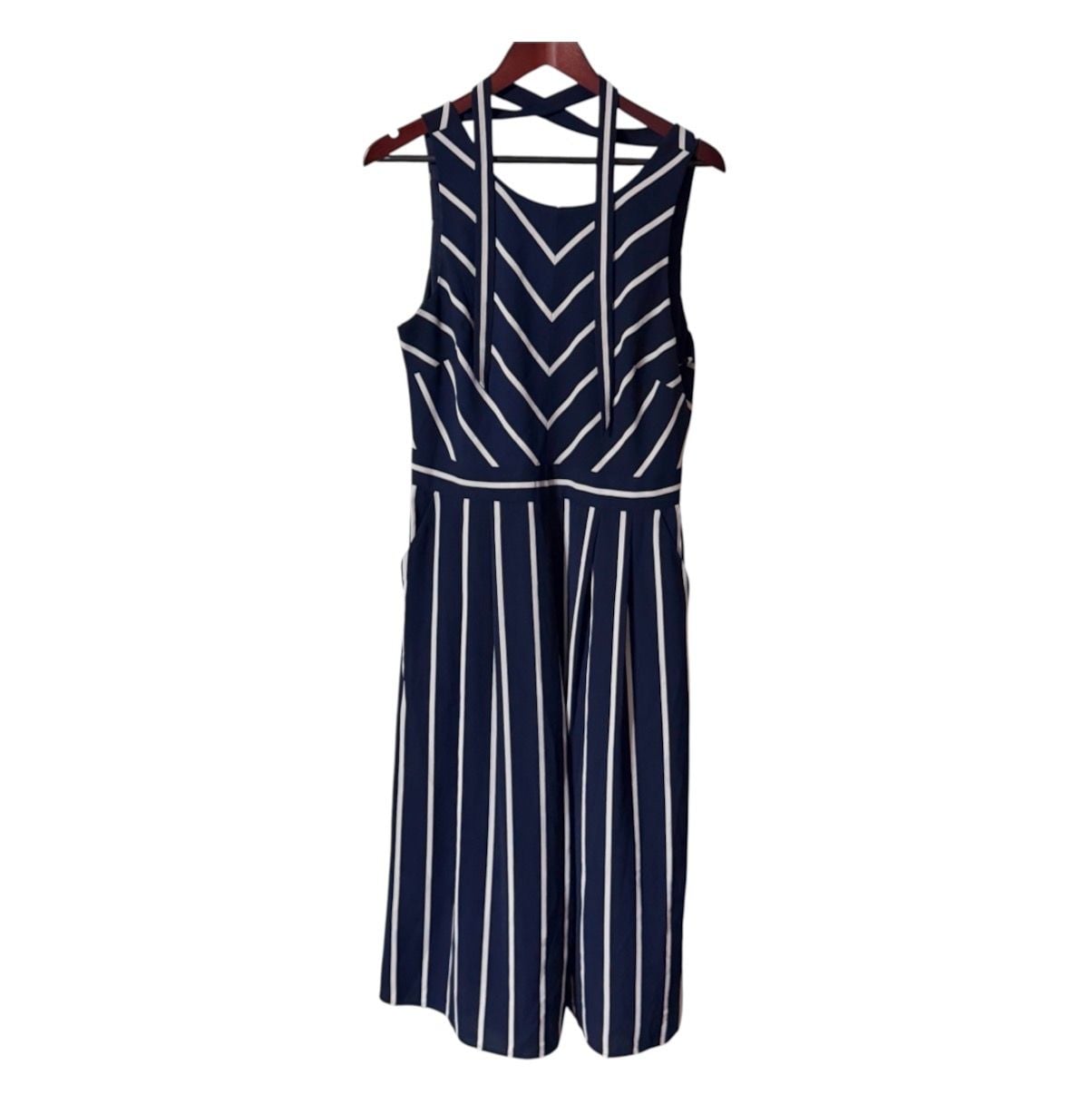 Jessica Howard Navy Blue And White Striped Jumpsuit Size 14 6