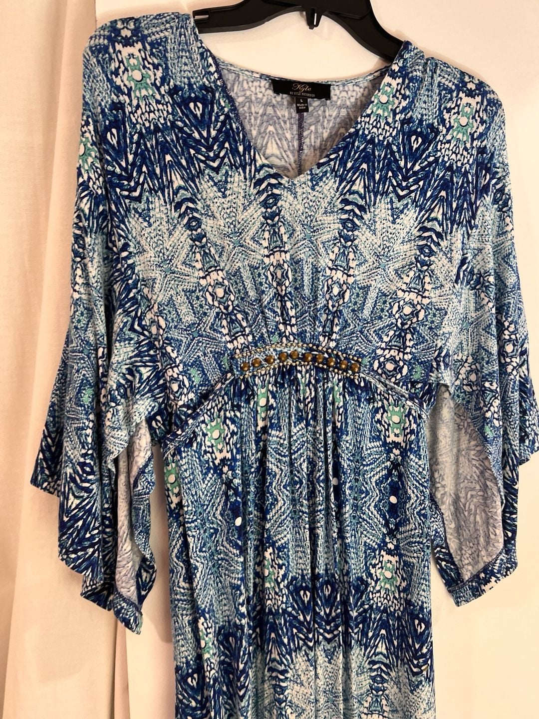 Kyle by Kyle Richards Blue Printed Beaded V-Neck Long Sleeve Maxi Dress Size L 2