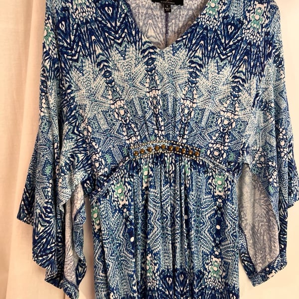 Kyle by Kyle Richards Blue Printed Beaded V-Neck Long Sleeve Maxi Dress Size L