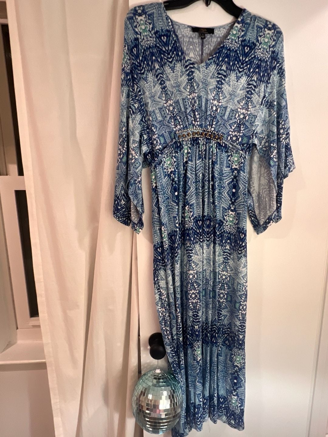 Kyle by Kyle Richards Blue Printed Beaded V-Neck Long Sleeve Maxi Dress Size L 3
