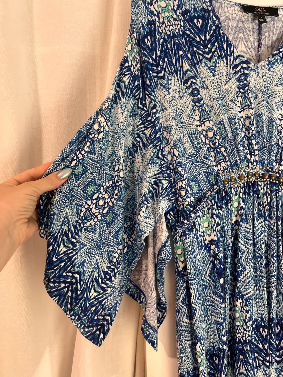 Kyle by Kyle Richards Blue Printed Beaded V-Neck Long Sleeve Maxi Dress Size L 5