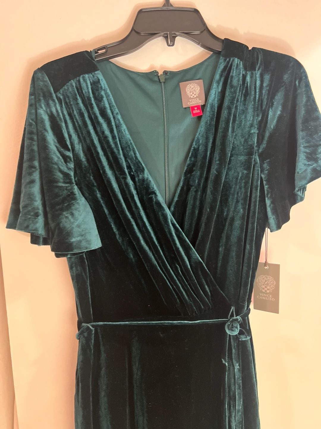 Vince Camuto Emerald Green Velvet Flutter Sleeve Wrap Dress Size 12 2