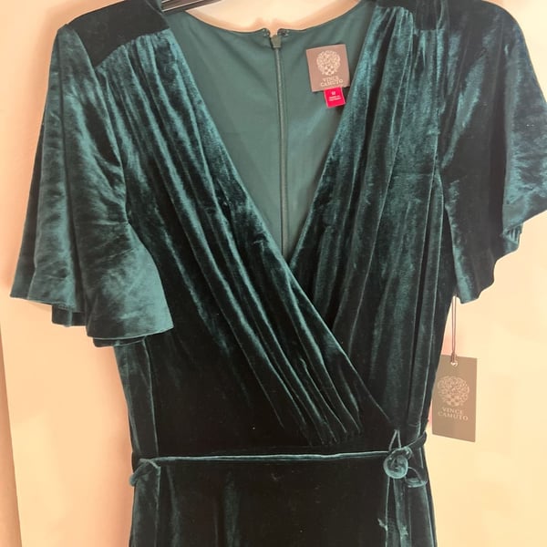 Vince Camuto Emerald Green Velvet Flutter Sleeve Wrap Dress Size 12