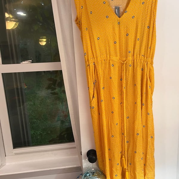 Melissa McCarthy Seven7 Yellow Printed V-Neck Maxi Dress with Tassels Size L