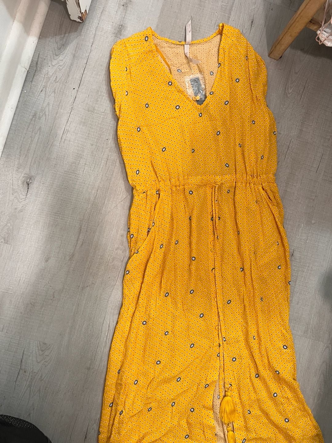 Melissa McCarthy Seven7 Yellow Printed V-Neck Maxi Dress with Tassels Size L 6