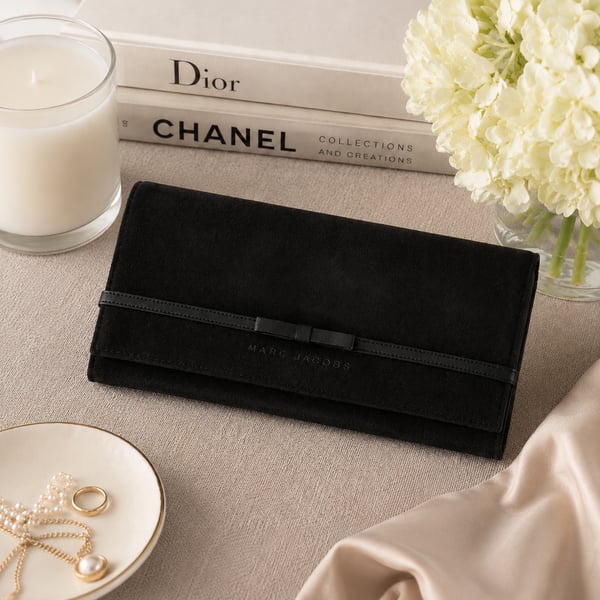 Marc Jacobs Black Suede and Leather Bow Clutch Wallet