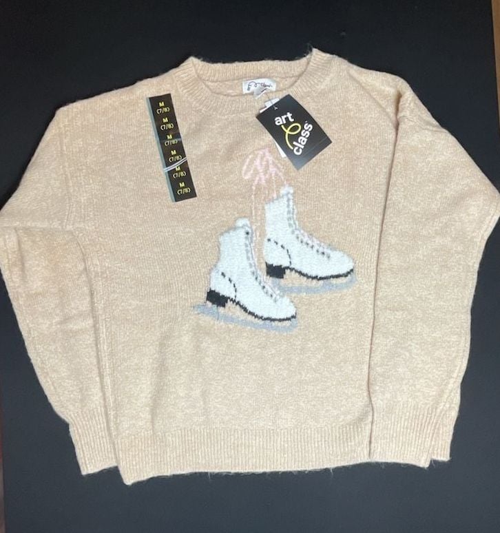 Art Class Girls Ice Skate Graphic Knit Sweater Beige Size M 7/8 NWT 2