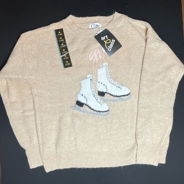 Art Class Girls Ice Skate Graphic Knit Sweater Beige Size M 7/8 NWT