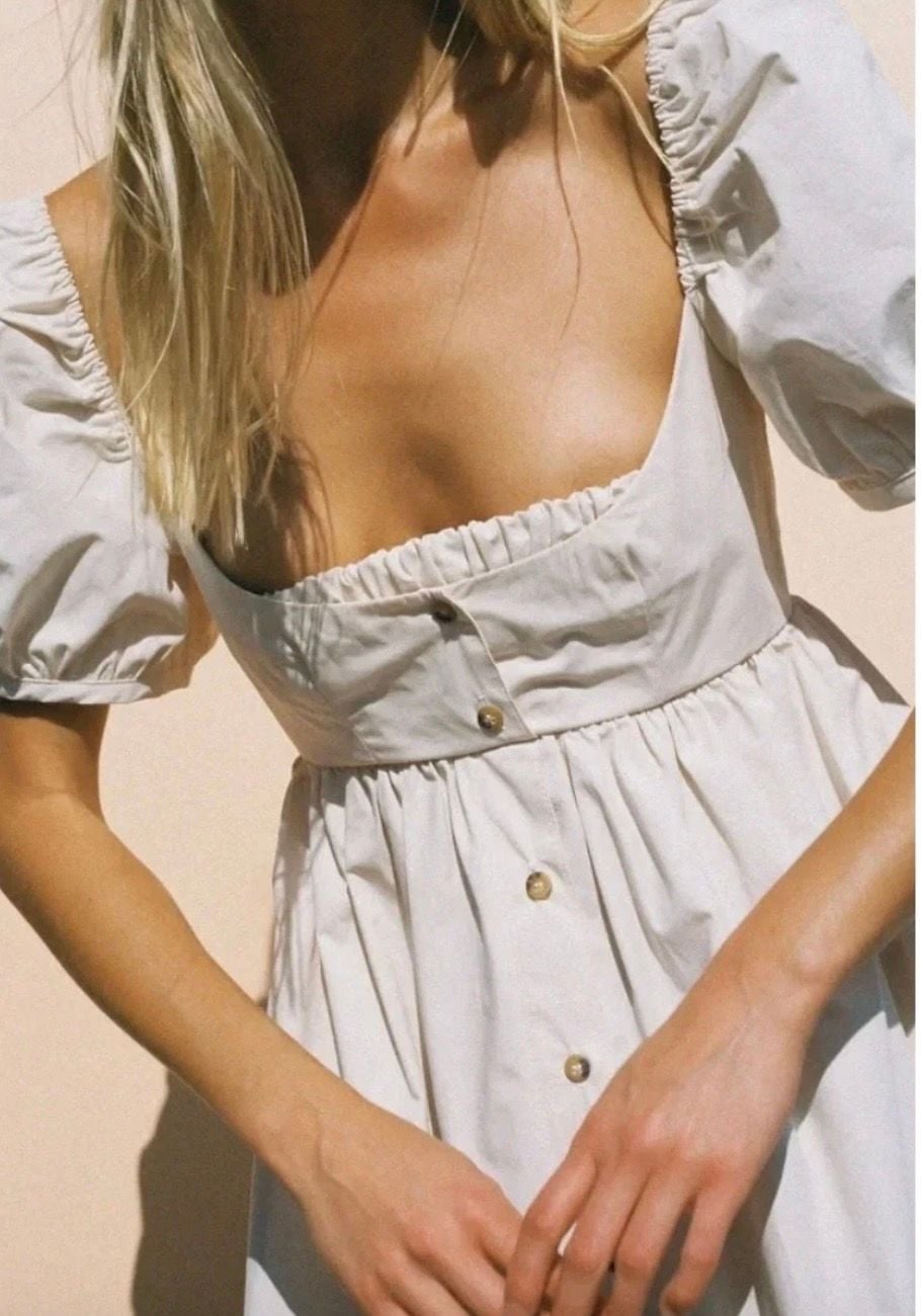 NWT Ciao Lucia Off-The-Shoulder Puff Sleeve Button-Front Dress Cream Size S 9