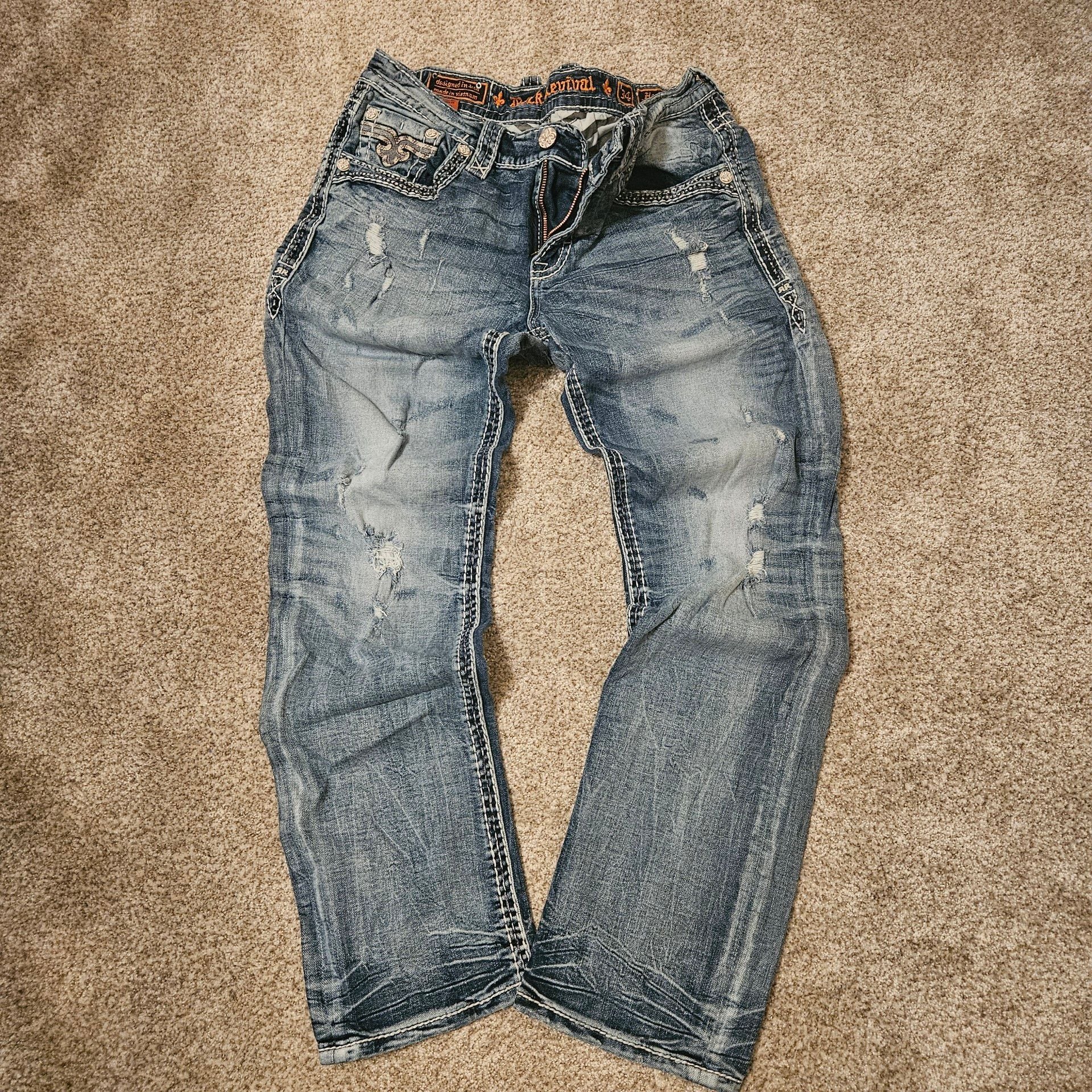 Rock Revival Herb Straight Jeans Mens Size 34 Light Wash Distressed Denim 2