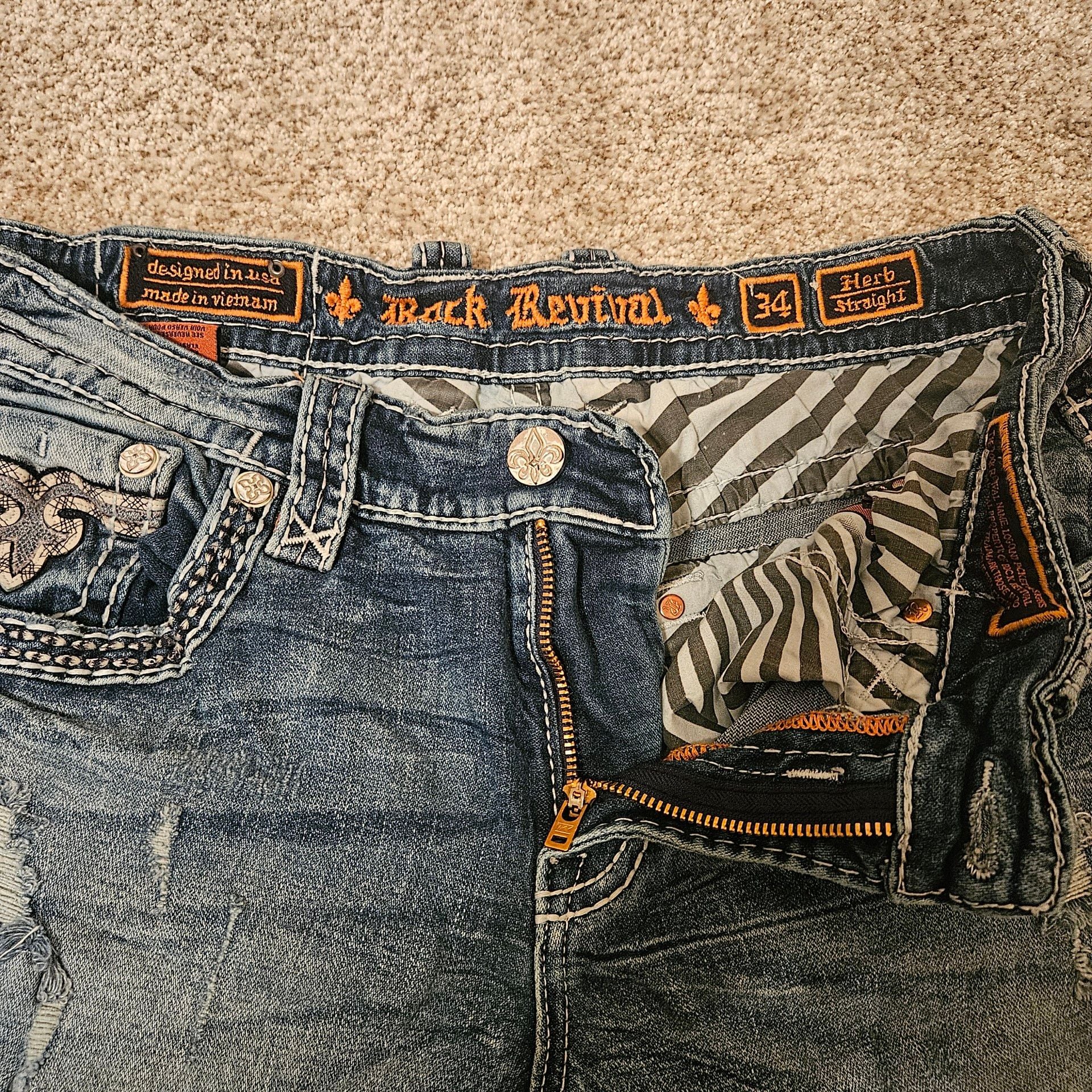 Rock Revival Herb Straight Jeans Mens Size 34 Light Wash Distressed Denim 3