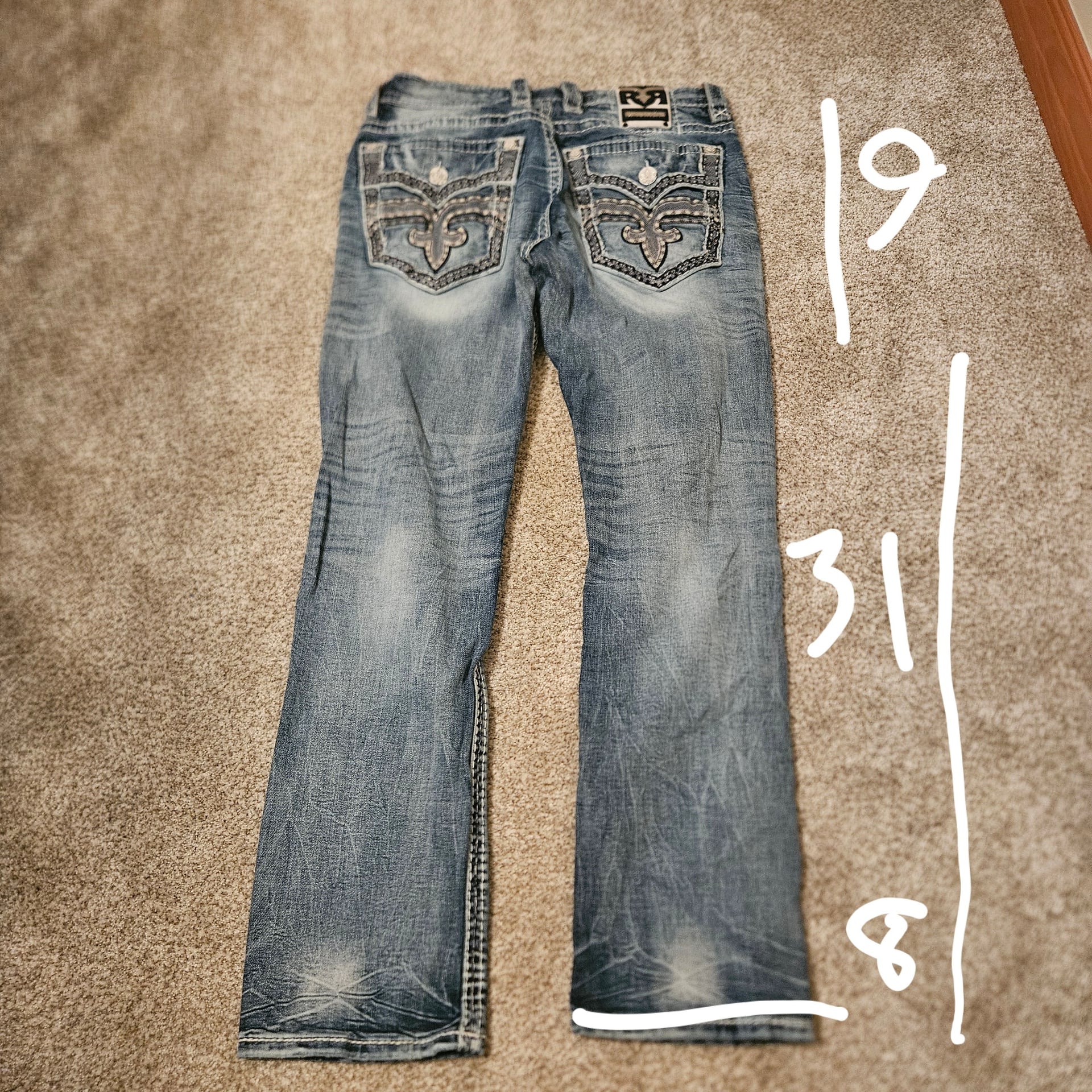 Rock Revival Herb Straight Jeans Mens Size 34 Light Wash Distressed Denim 5
