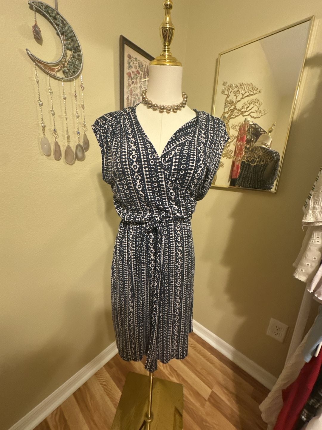 Tory Burch Blue and White Printed Silk Sleeveless Wrap Dress Size L 6
