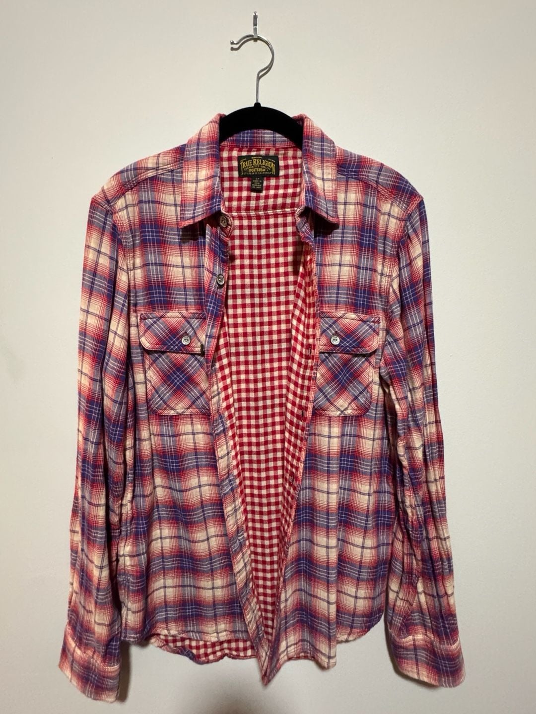 True Religion Plaid Button Up Shirt Men’s Small Red Blue Cotton 7