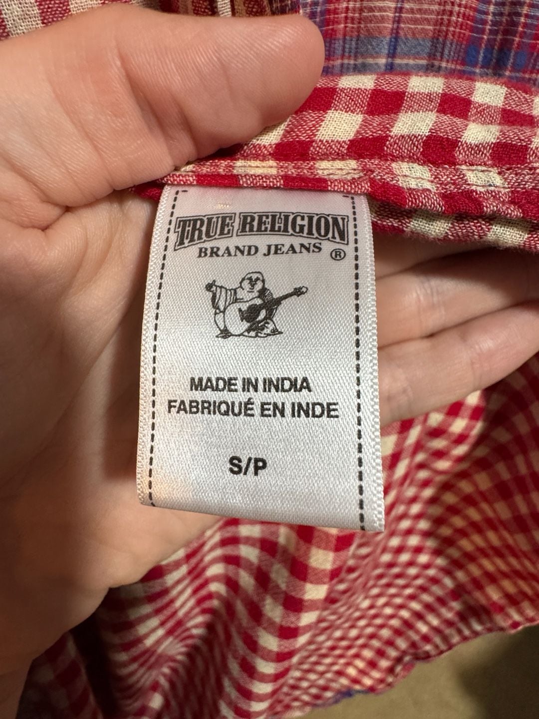True Religion Plaid Button Up Shirt Men’s Small Red Blue Cotton 8