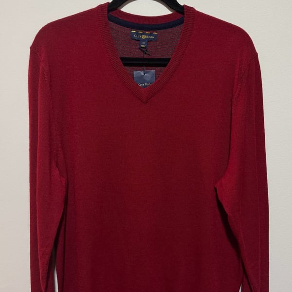 Club Room Men's Red Merino Wool Blend V-Neck Pullover Sweater Size Medium