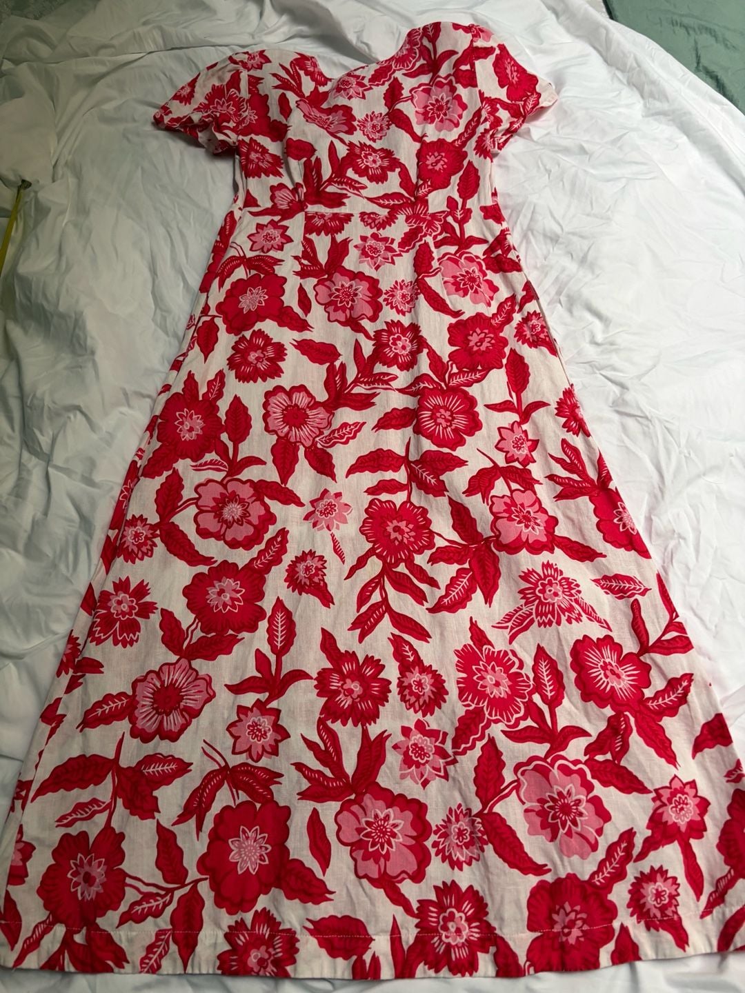 Boden Tie Front Linen Midi Dress Pop Peony Pansy Bloom Women's Size 2P Red White 7