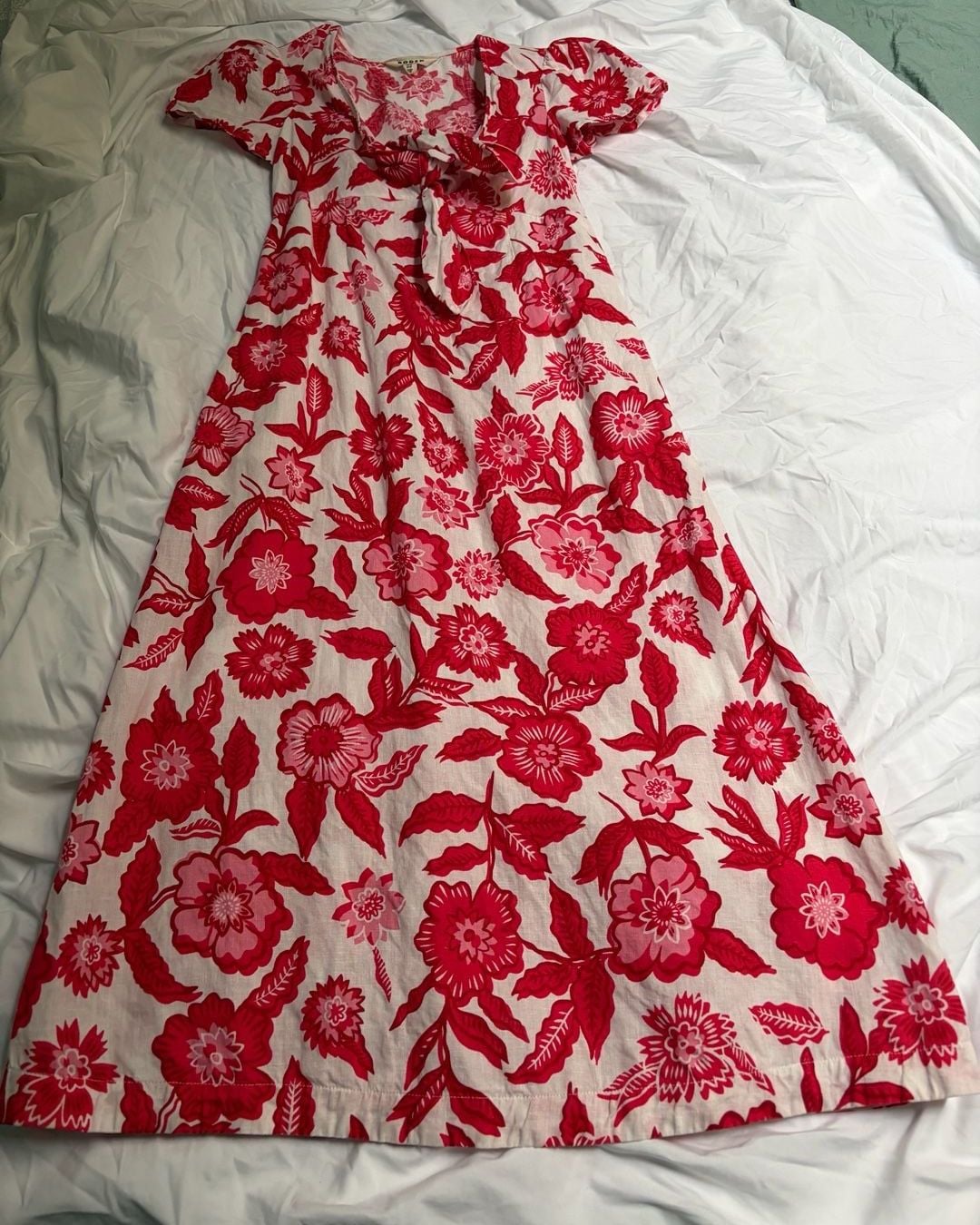 Boden Tie Front Linen Midi Dress Pop Peony Pansy Bloom Women's Size 2P Red White 2