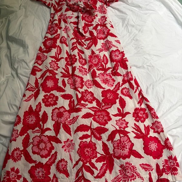 Boden Tie Front Linen Midi Dress Pop Peony Pansy Bloom Women's Size 2P Red White