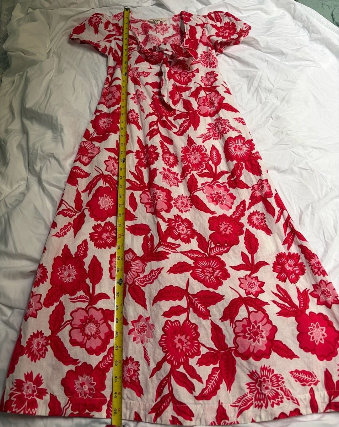 Boden Tie Front Linen Midi Dress Pop Peony Pansy Bloom Women's Size 2P Red White 3