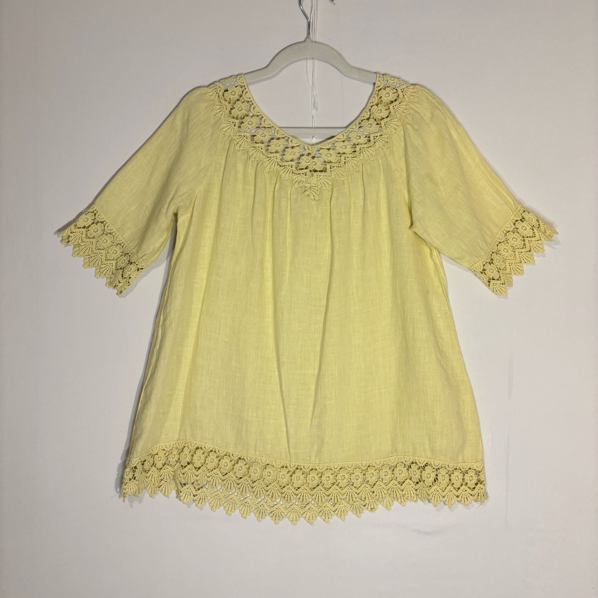 Piazza Roma Made in Italy Yellow Linen Crochet Lace Trim Peasant Top Blouse XS 2