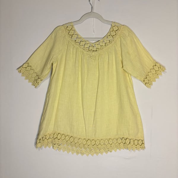 Piazza Roma Made in Italy Yellow Linen Crochet Lace Trim Peasant Top Blouse XS