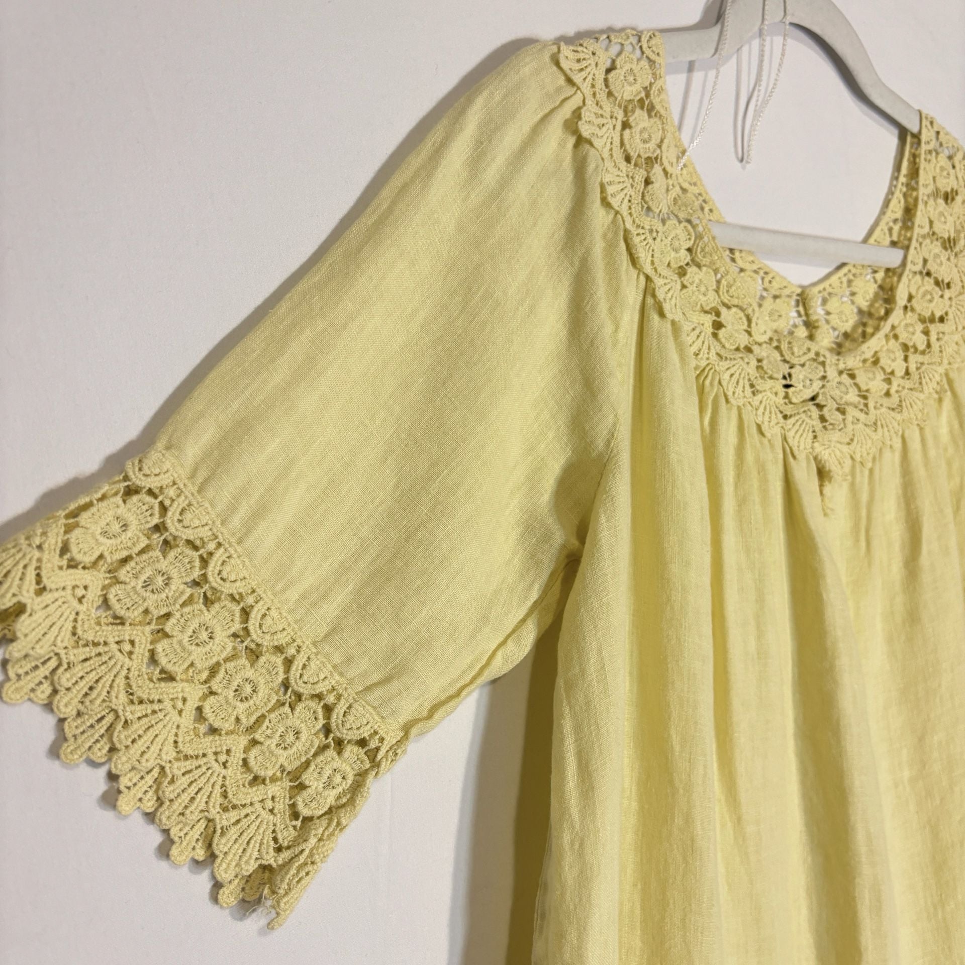 Piazza Roma Made in Italy Yellow Linen Crochet Lace Trim Peasant Top Blouse XS 4