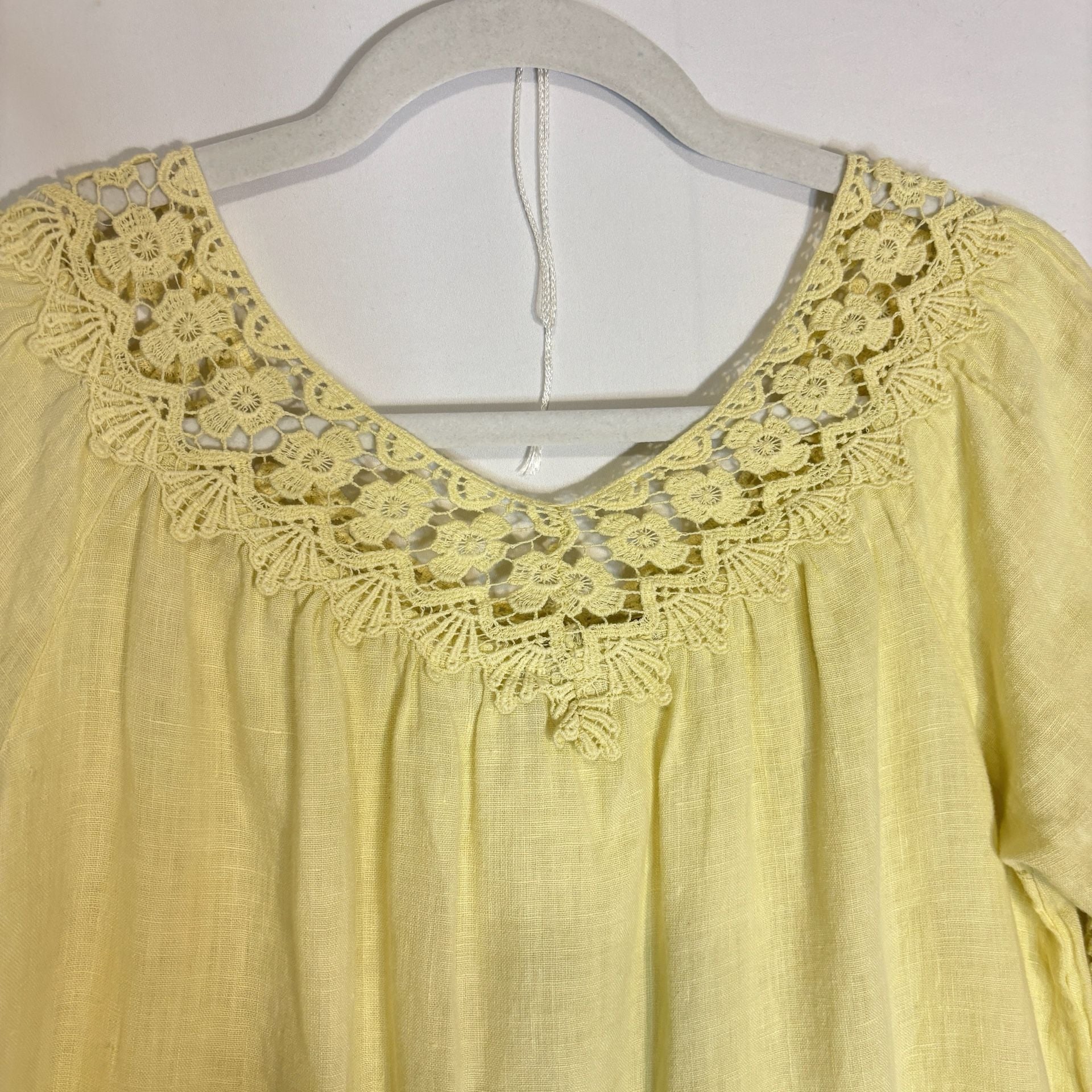 Piazza Roma Made in Italy Yellow Linen Crochet Lace Trim Peasant Top Blouse XS 5