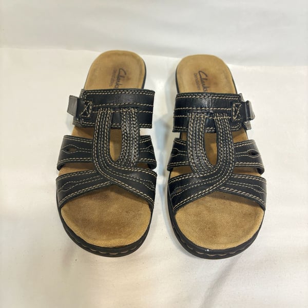 Clarks Bendables Black Leather Wedge Comfort Sandals Size 9