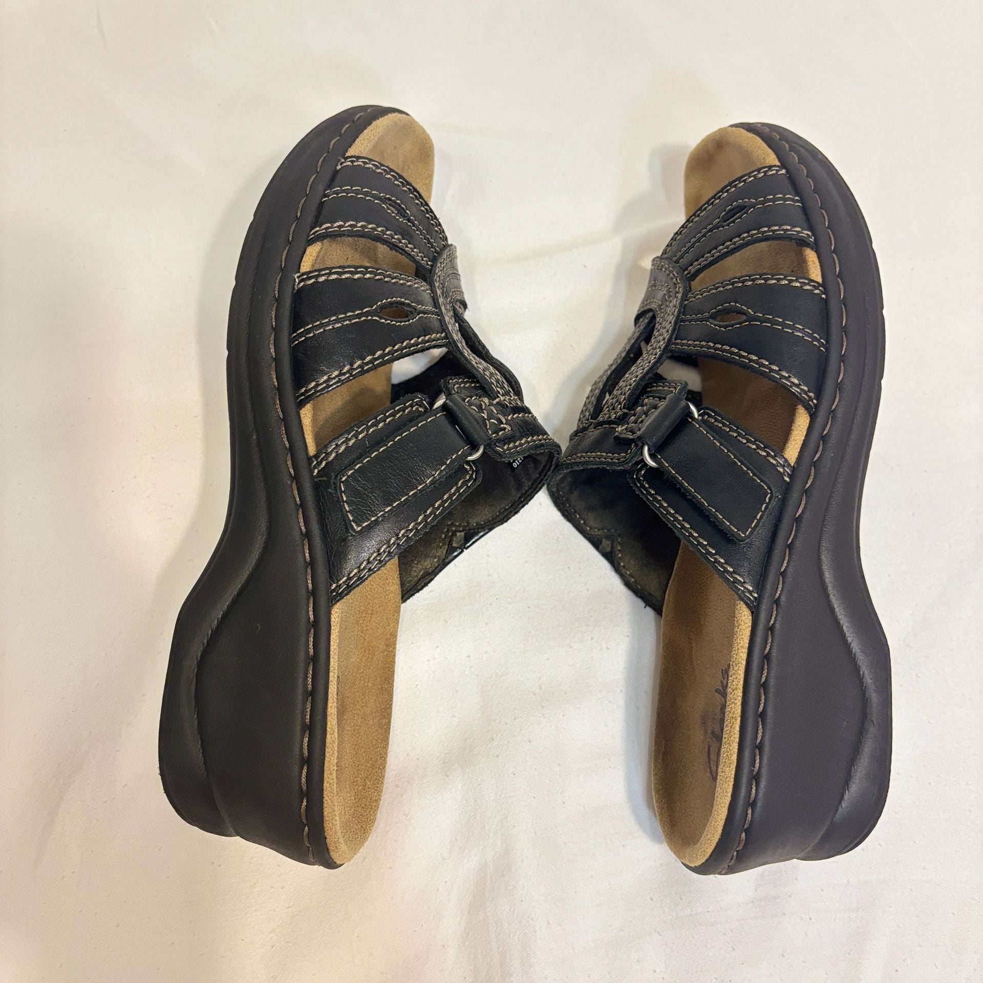 Clarks Bendables Black Leather Wedge Comfort Sandals Size 9 8