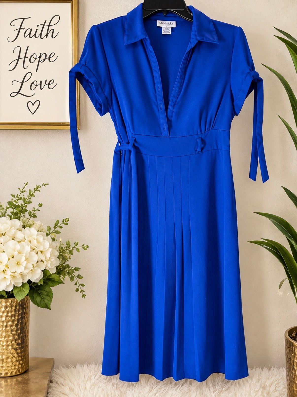 Chadwick's Royal Blue V-Neck Collared Tie-Sleeve Midi Shirt Dress Size 14P 2
