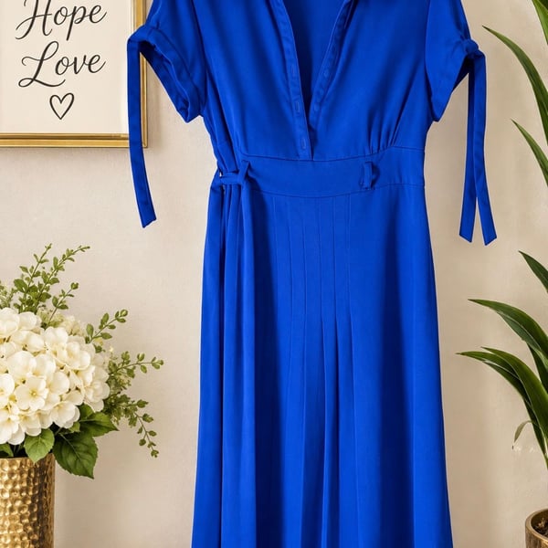Chadwick's Royal Blue V-Neck Collared Tie-Sleeve Midi Shirt Dress Size 14P
