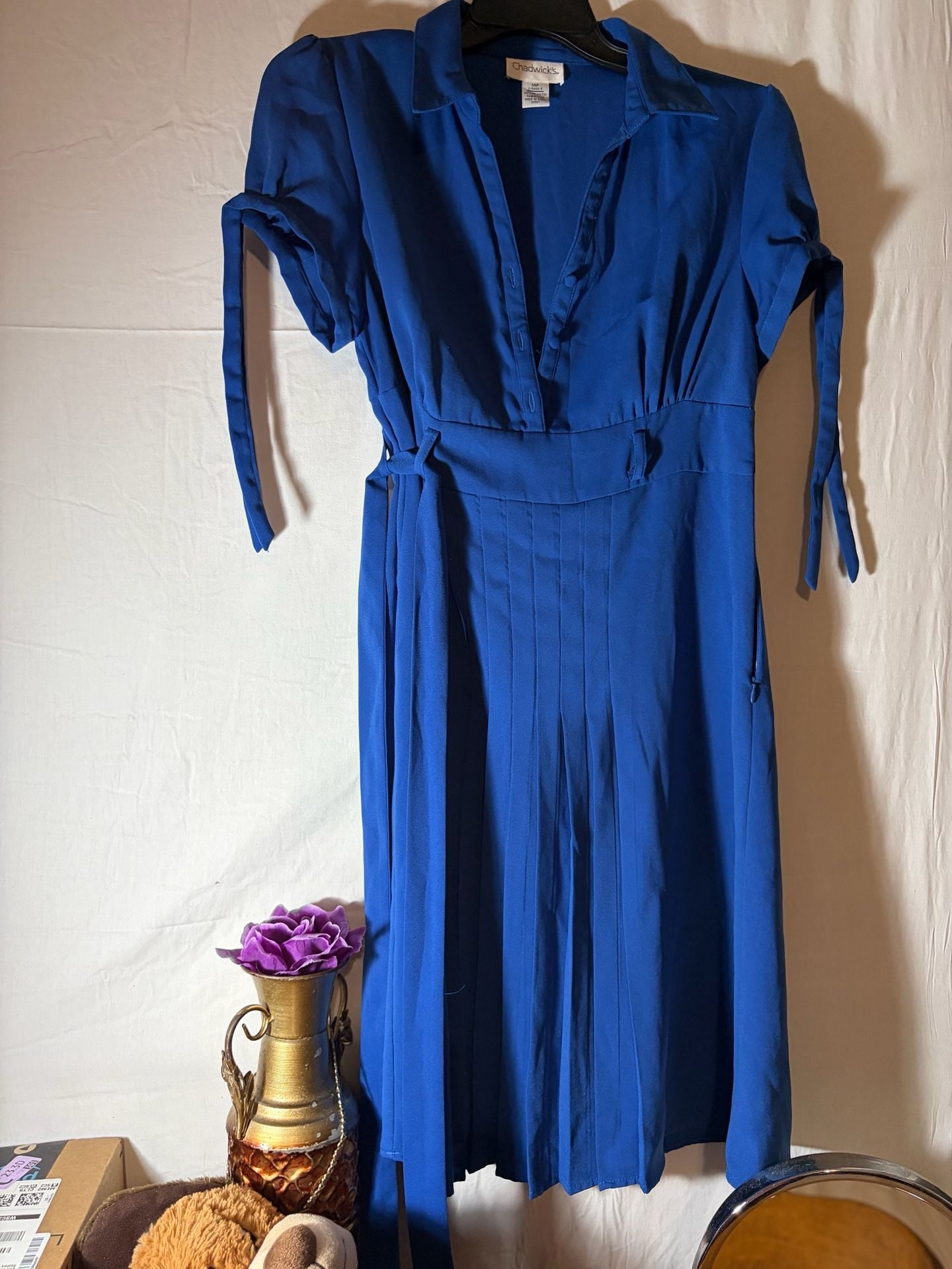 Chadwick's Royal Blue V-Neck Collared Tie-Sleeve Midi Shirt Dress Size 14P 3