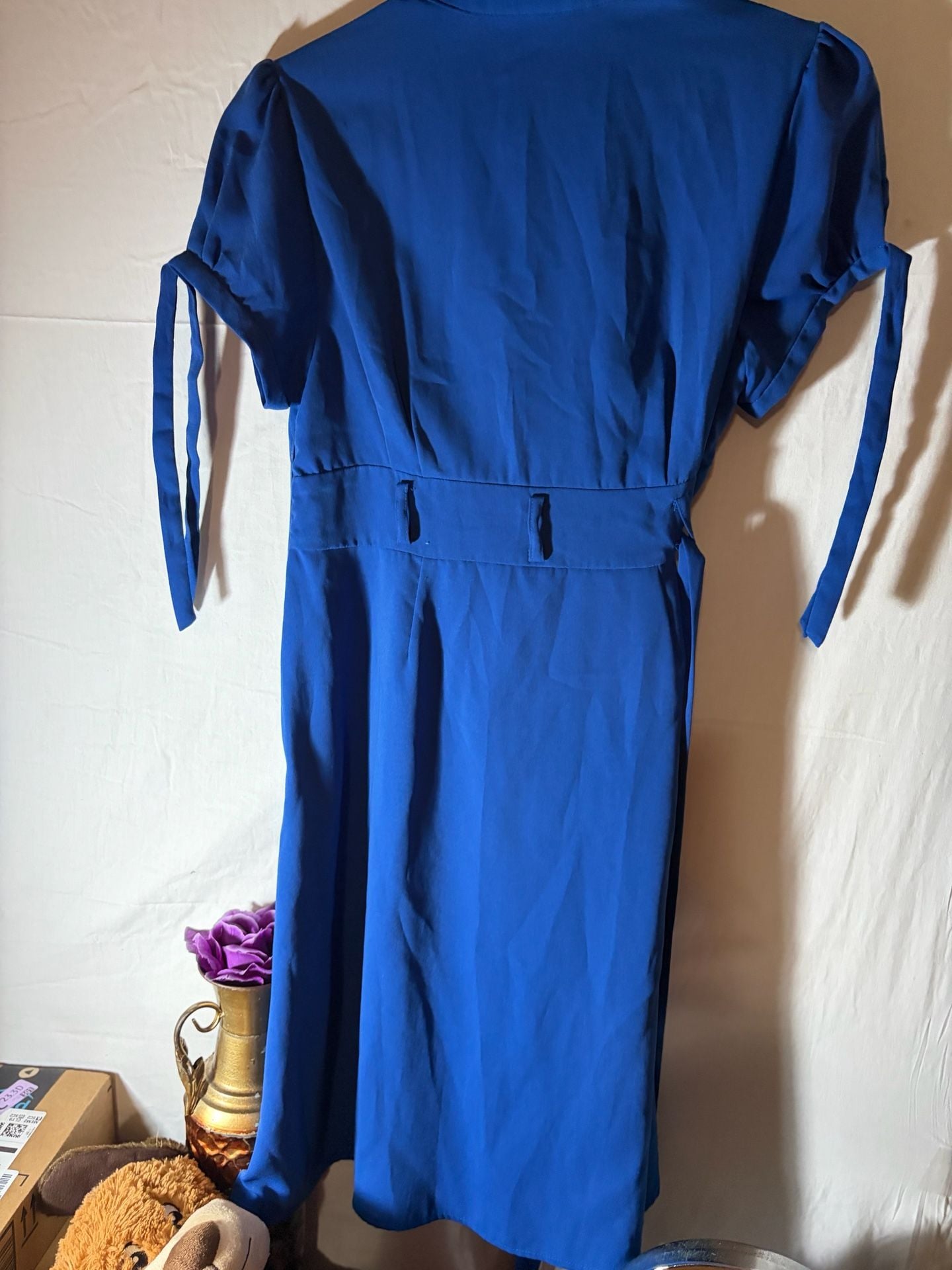 Chadwick's Royal Blue V-Neck Collared Tie-Sleeve Midi Shirt Dress Size 14P 5