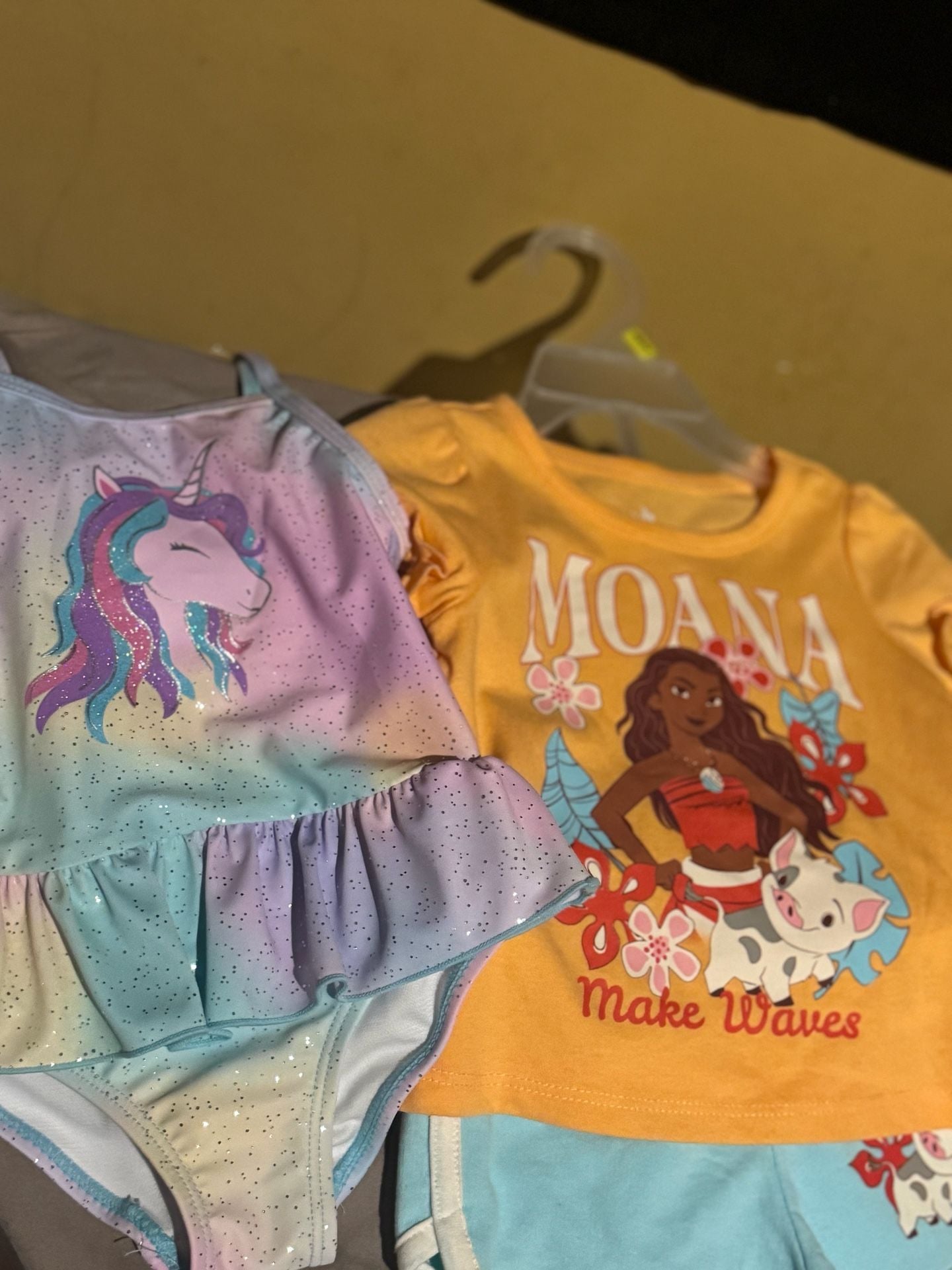 Disney Moana T-Shirt and Shorts Set & Unicorn One-Piece Swimsuit Lot 1