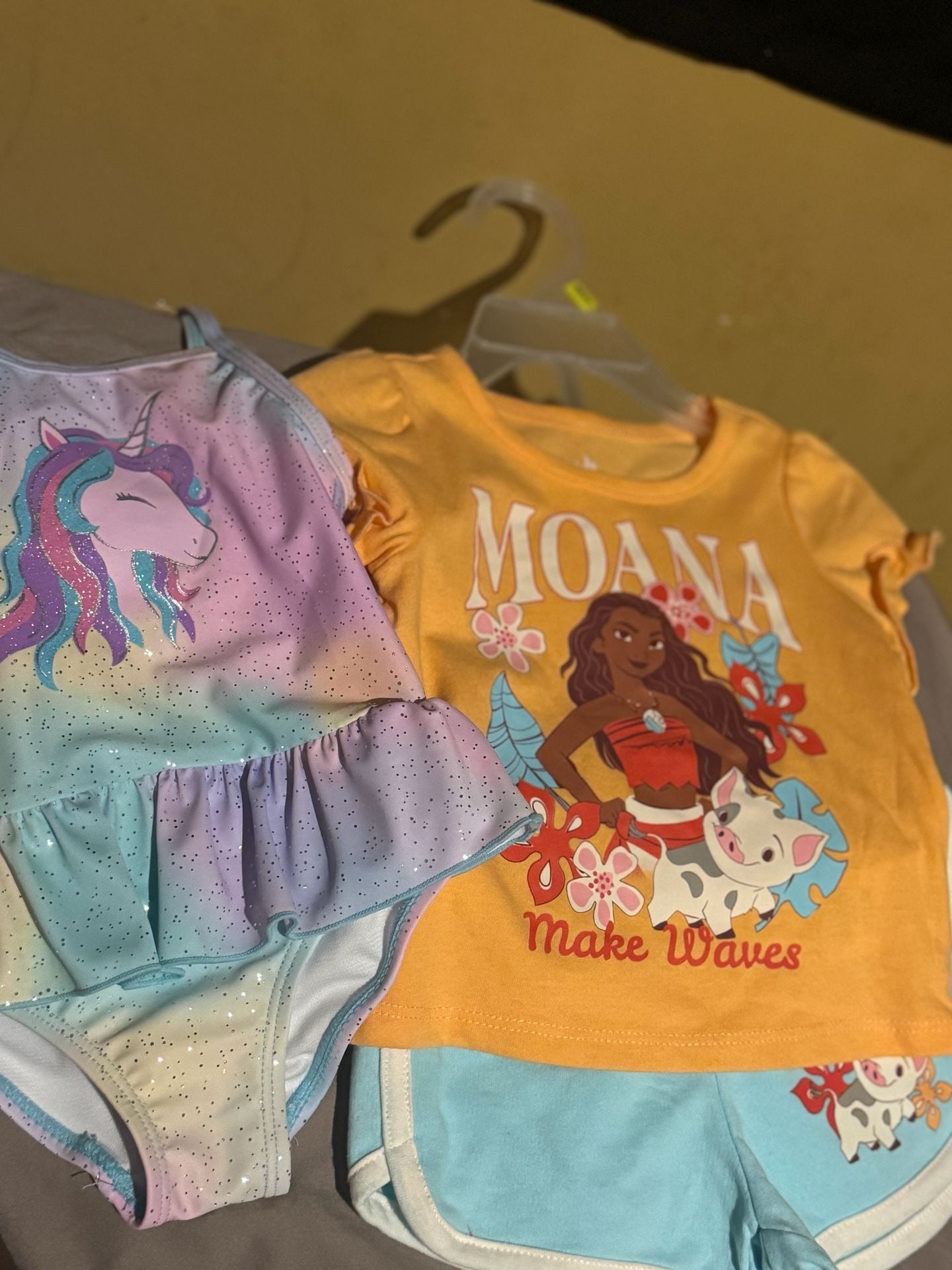 Disney Moana T-Shirt and Shorts Set & Unicorn One-Piece Swimsuit Lot 2