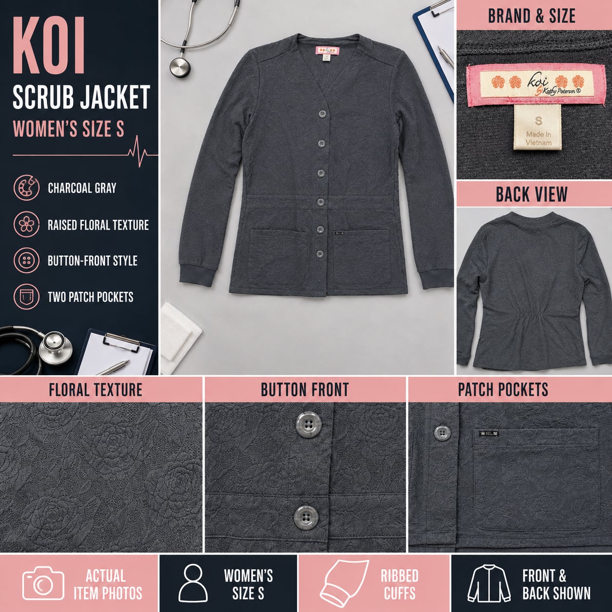 Koi Women's Claire Button Front Knit Scrub Jacket Charcoal Small 2