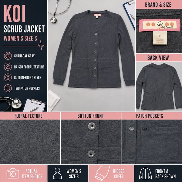 Koi Women's Claire Button Front Knit Scrub Jacket Charcoal Small