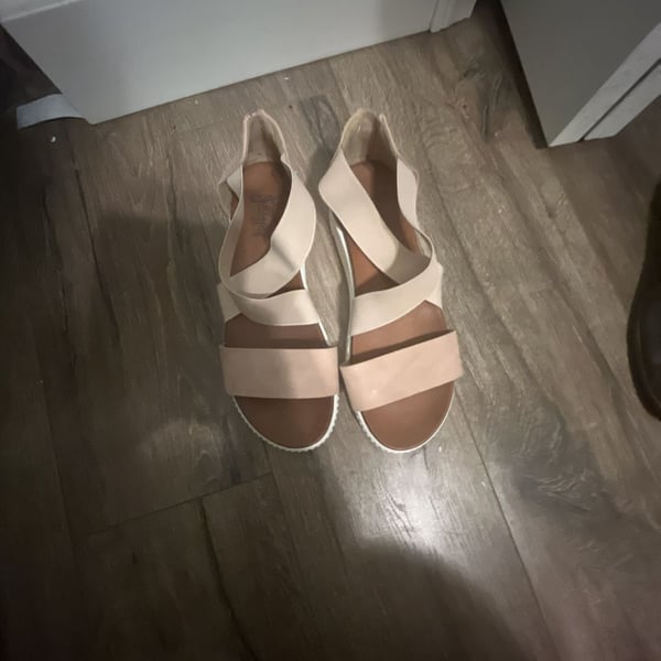 Jellypop Comfort Fit Pink and Beige Elastic Strappy Wedge Sandal with Back Zipper 9.5 Medium 