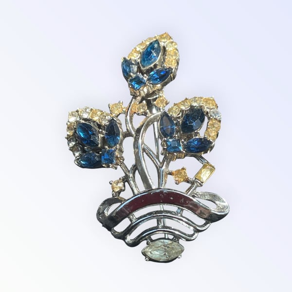 Vintage Trifari Pat Pend Blue and Yellow Rhinestone Flower Basket Brooch