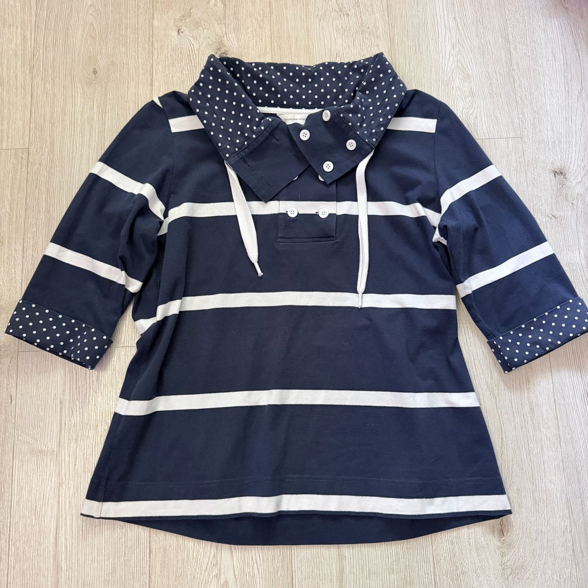 Christopher & Banks Navy Blue White Striped Polka Dot Top 2