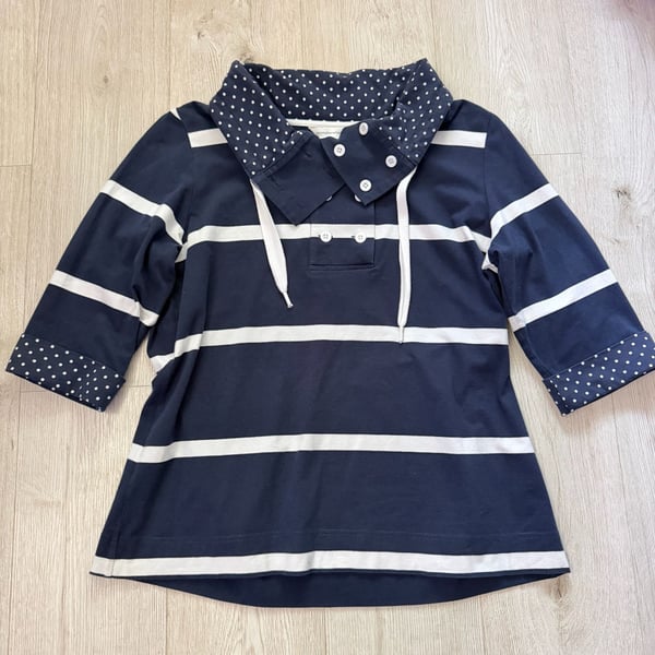 Christopher & Banks Navy Blue White Striped Polka Dot Top