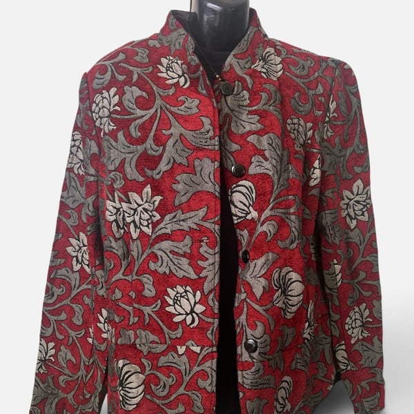 Portrait Women's Red & Silver Floral Tapestry Stand Collar Jacket XL