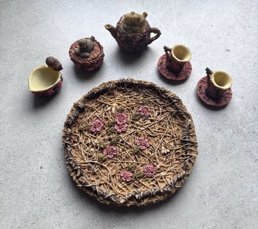 Harmony Kingdom Byron's Secret Garden Miniature Tea Set with Birds and Nest Tray 1