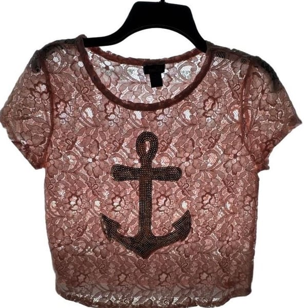 Rue21 Pink Lace Short Sleeve Sequin Anchor Top Size M