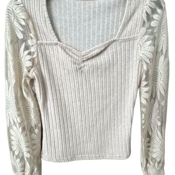Cream Ribbed Knit Long Sleeve Top with Floral Lace Sleeves and Sweetheart Neckline