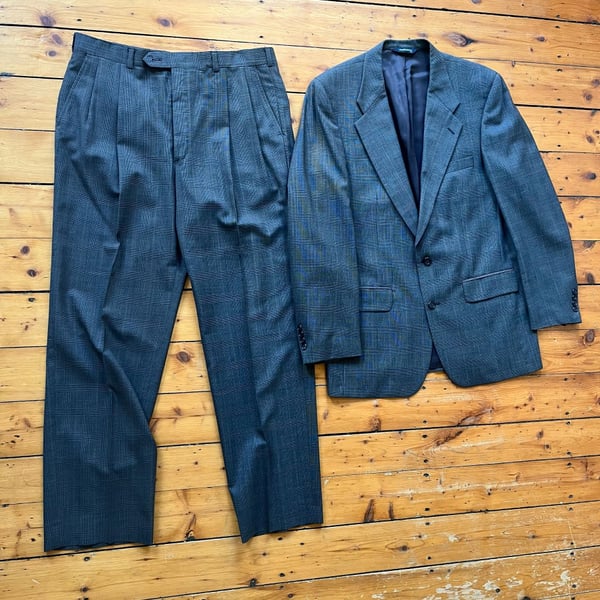 Burberrys Vtg 100% Wool Gray Plaid Suit Mitchells of Westport Union Tag 42R 36