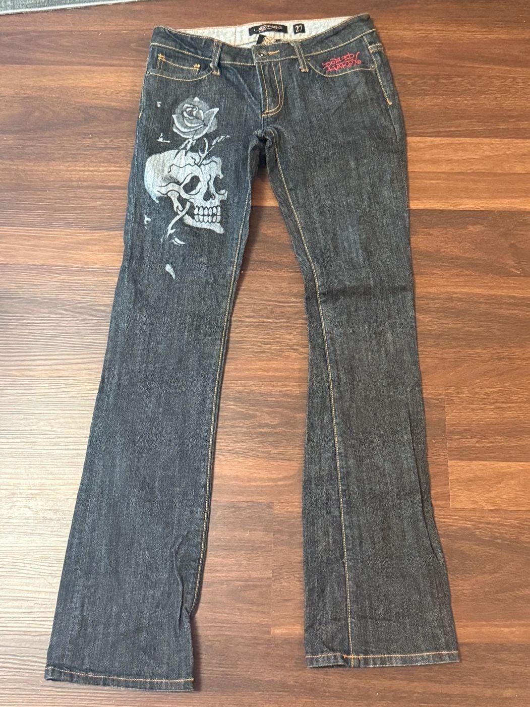 Ed Hardy by Christian Audigier (W) Dark Wash Skull and Rose Graphic Jeans Y2K 2