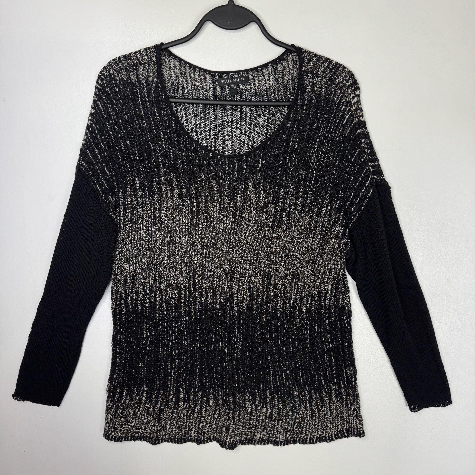 Eileen Fisher Washable Wool & Linen Blurred Stripes Pullover Sweater Black SizeL 3